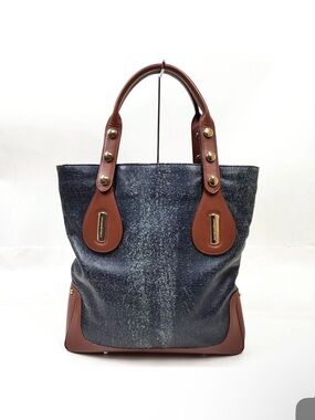 Versace Navy Denim Tote with Brown Leather Trim